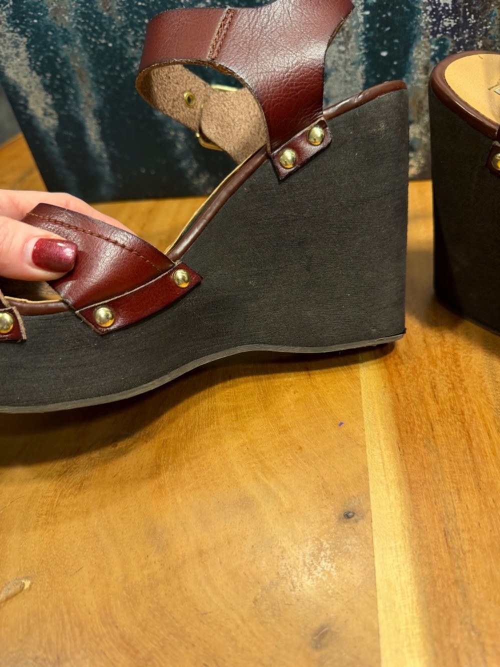Steve Madden mid 2010s boho leather platform wedge sandals burgundy 9 FAIR - Picture 8 of 16